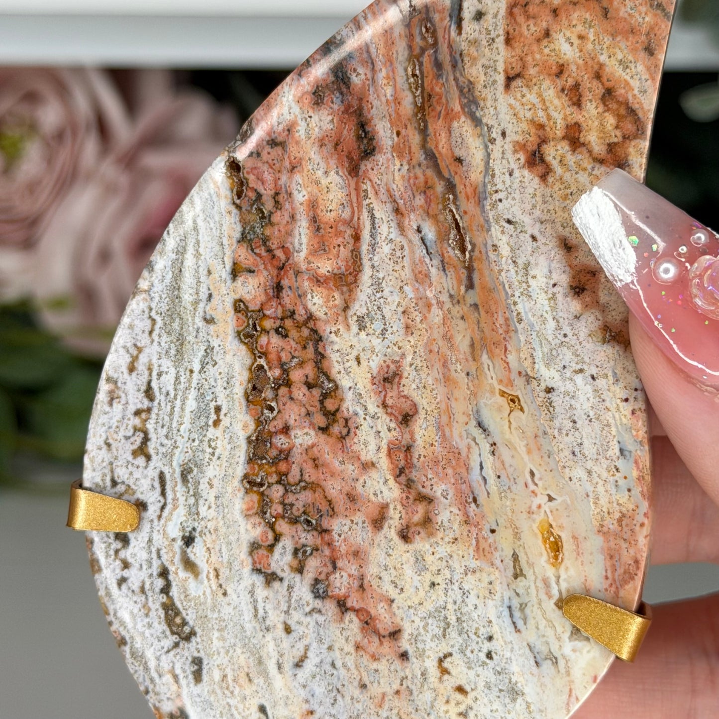 Pink Ocean Jasper Teardrop On Custom Stand