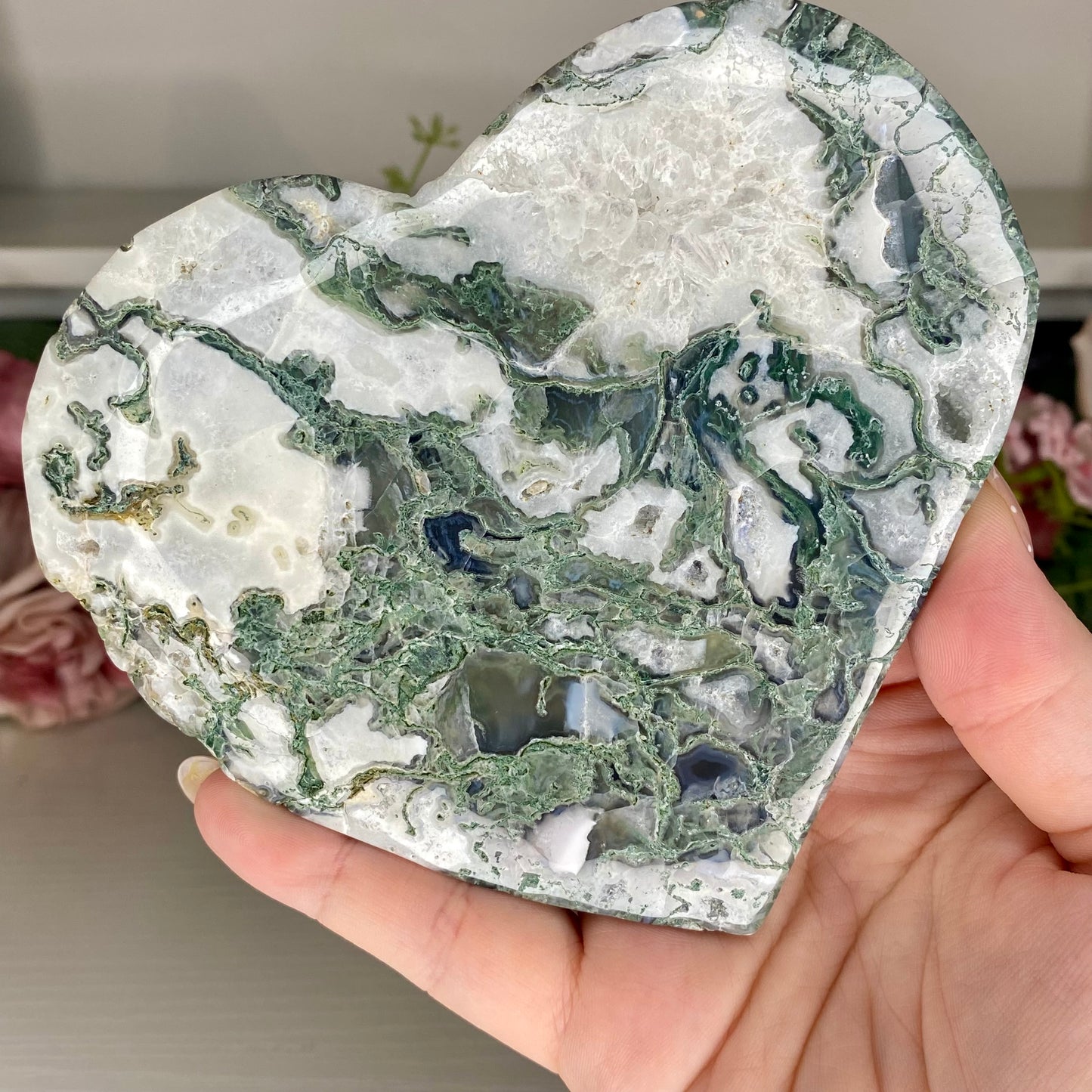 Moss Agate Heart on a Custom Stand