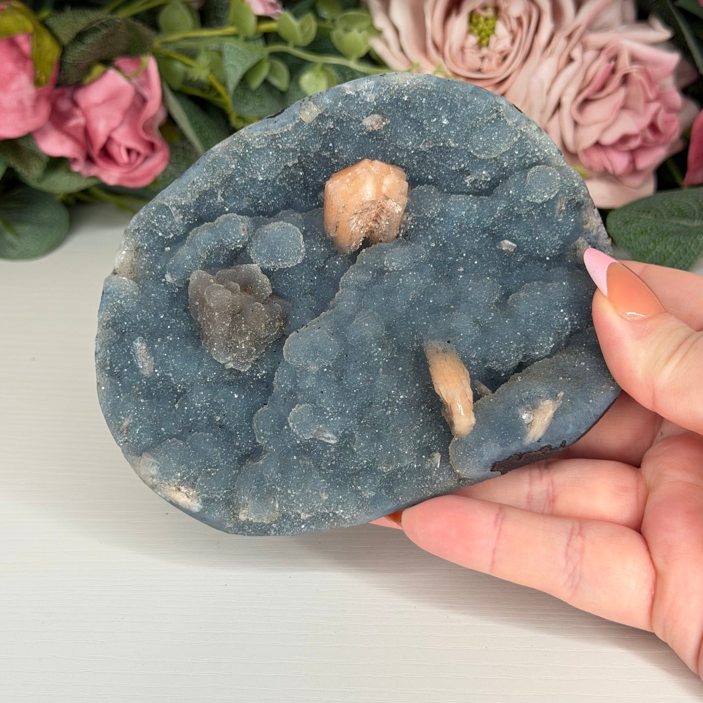 Blue Chalcedony With Stilbite & Calcite 612g