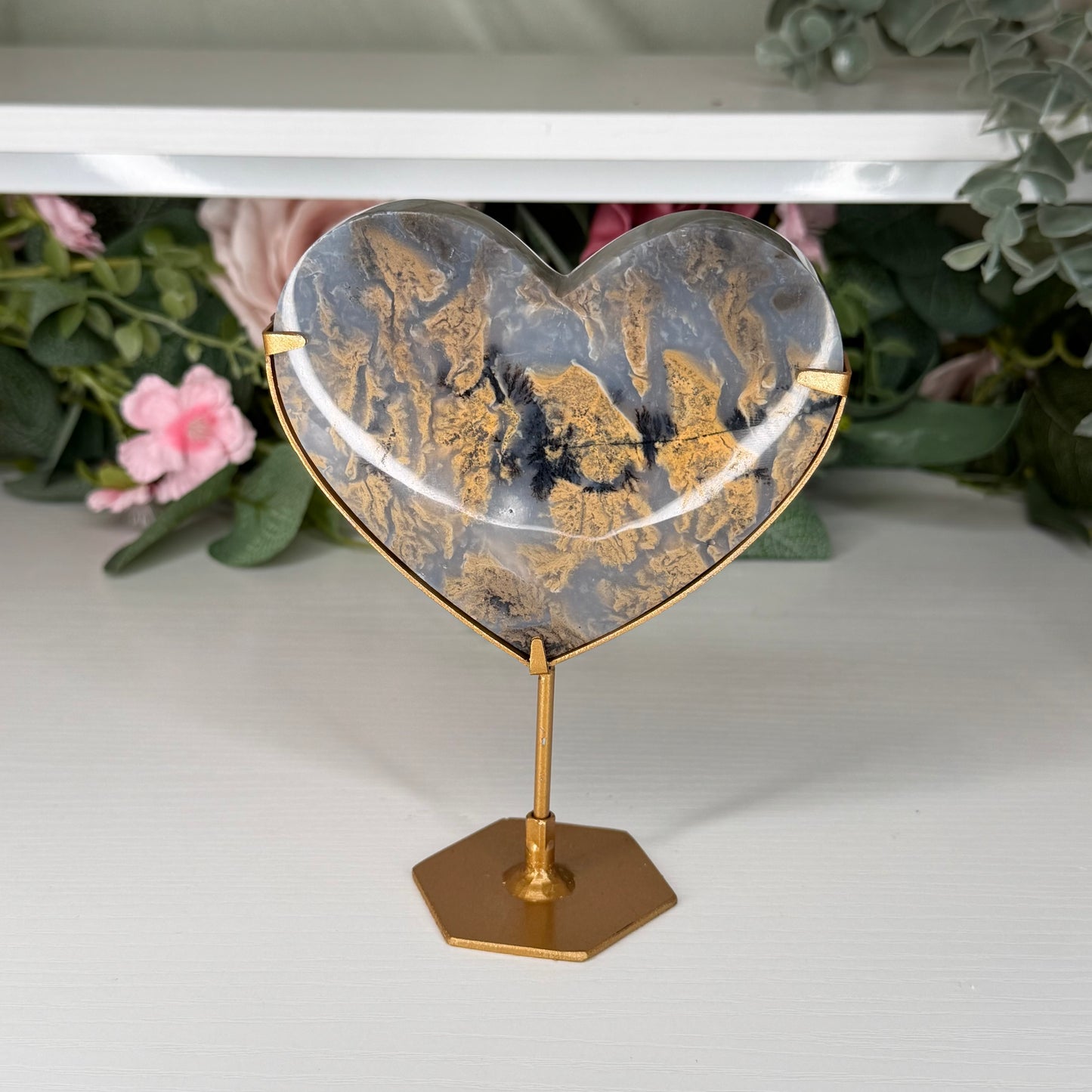 Indonesian Dendritic Moss Agate Heart On Custom Stand