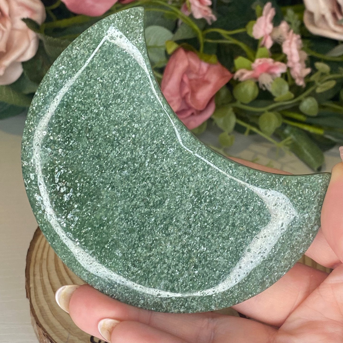 Sparkly Green Aventurine Moons with Stand