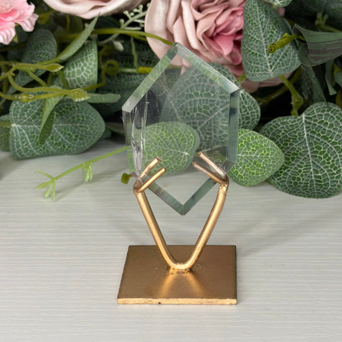 Clear Quartz Hexagon On Gold Stand B
