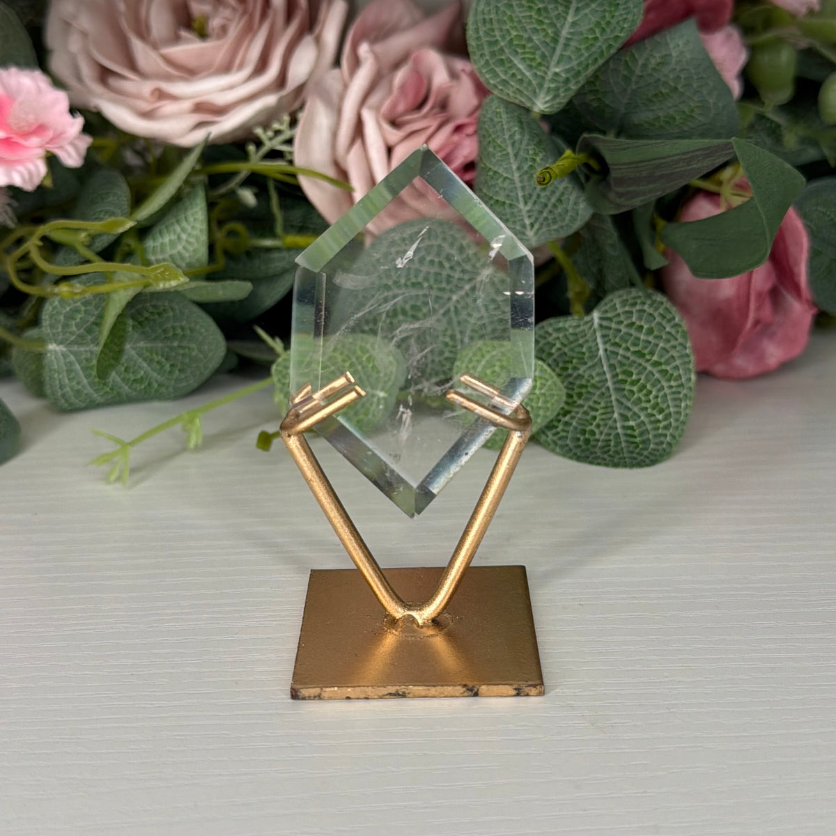Clear Quartz Hexagon On Gold Stand D