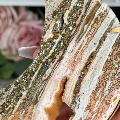 Pink Ocean Jasper Moon On Custom Stand
