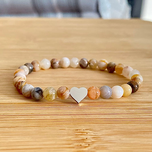 Bamboo Leaf Agate Bracelet with Heart Charm (6mn)