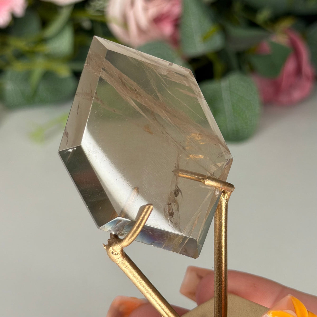 Smokey Quartz Hexagon On Gold Stand C