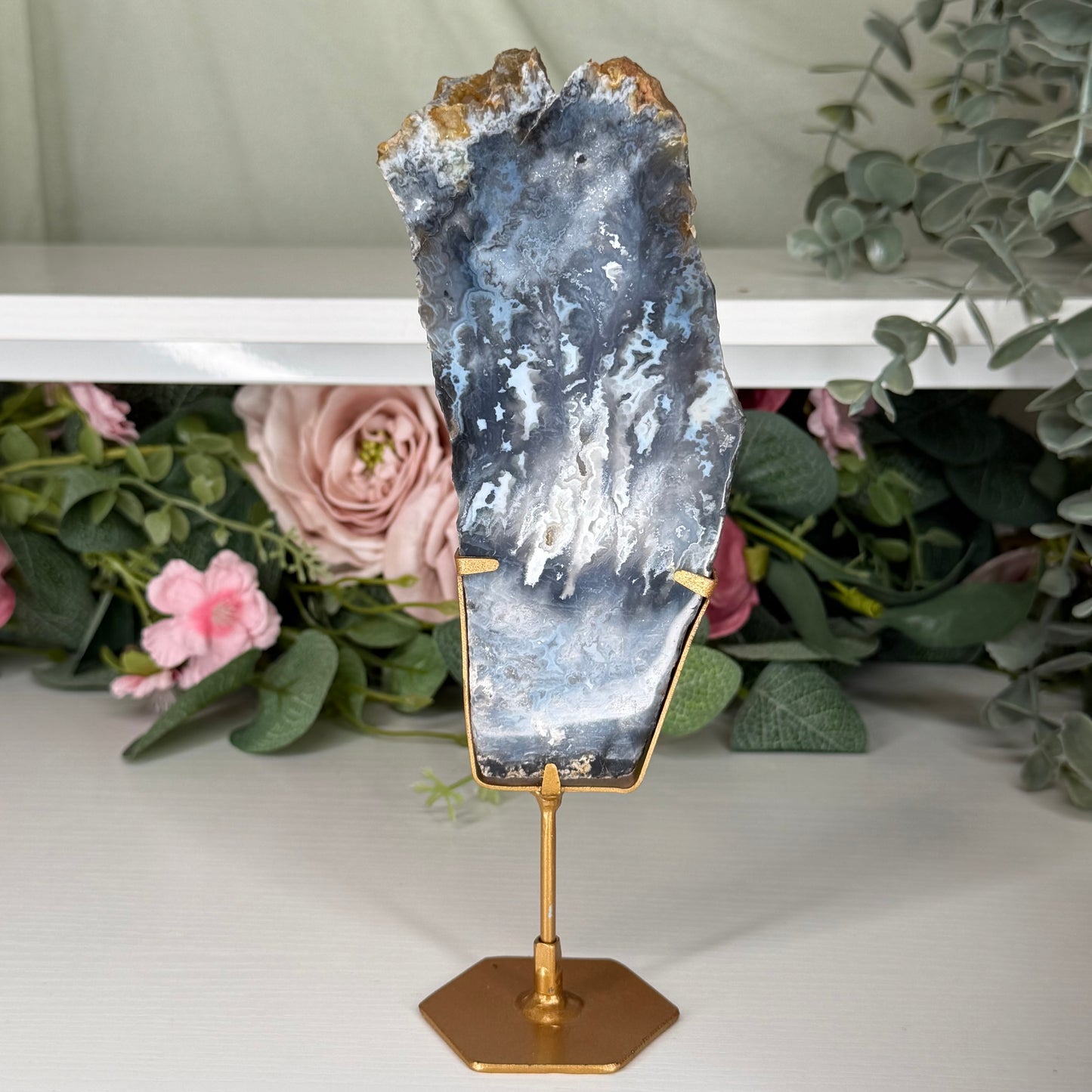 Blue Plume Agate Slab On Stand A