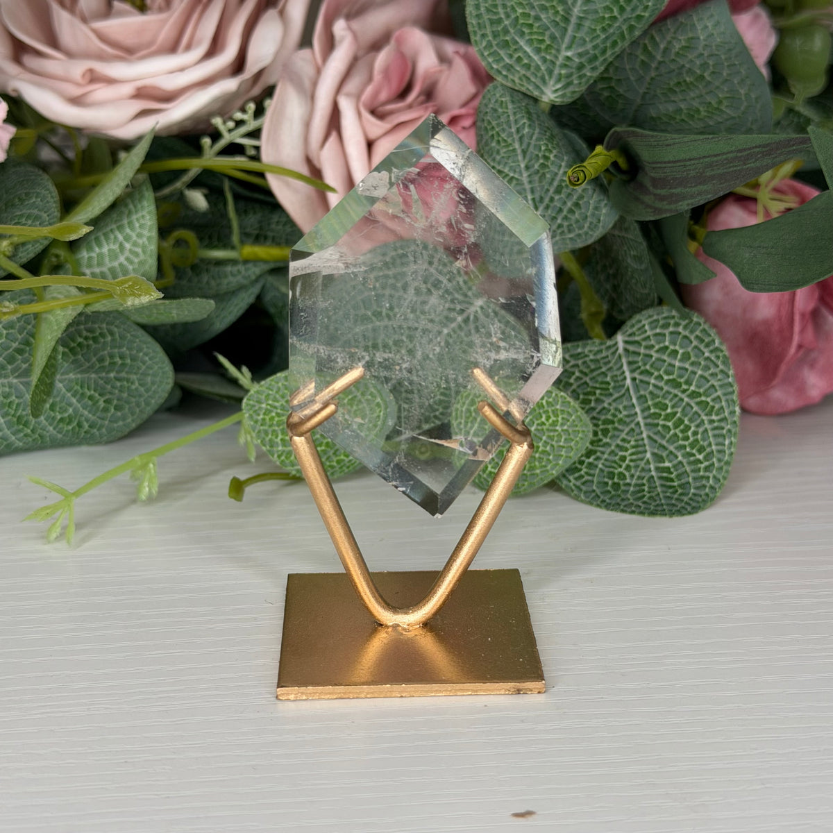 Clear Quartz Hexagon On Gold Stand E