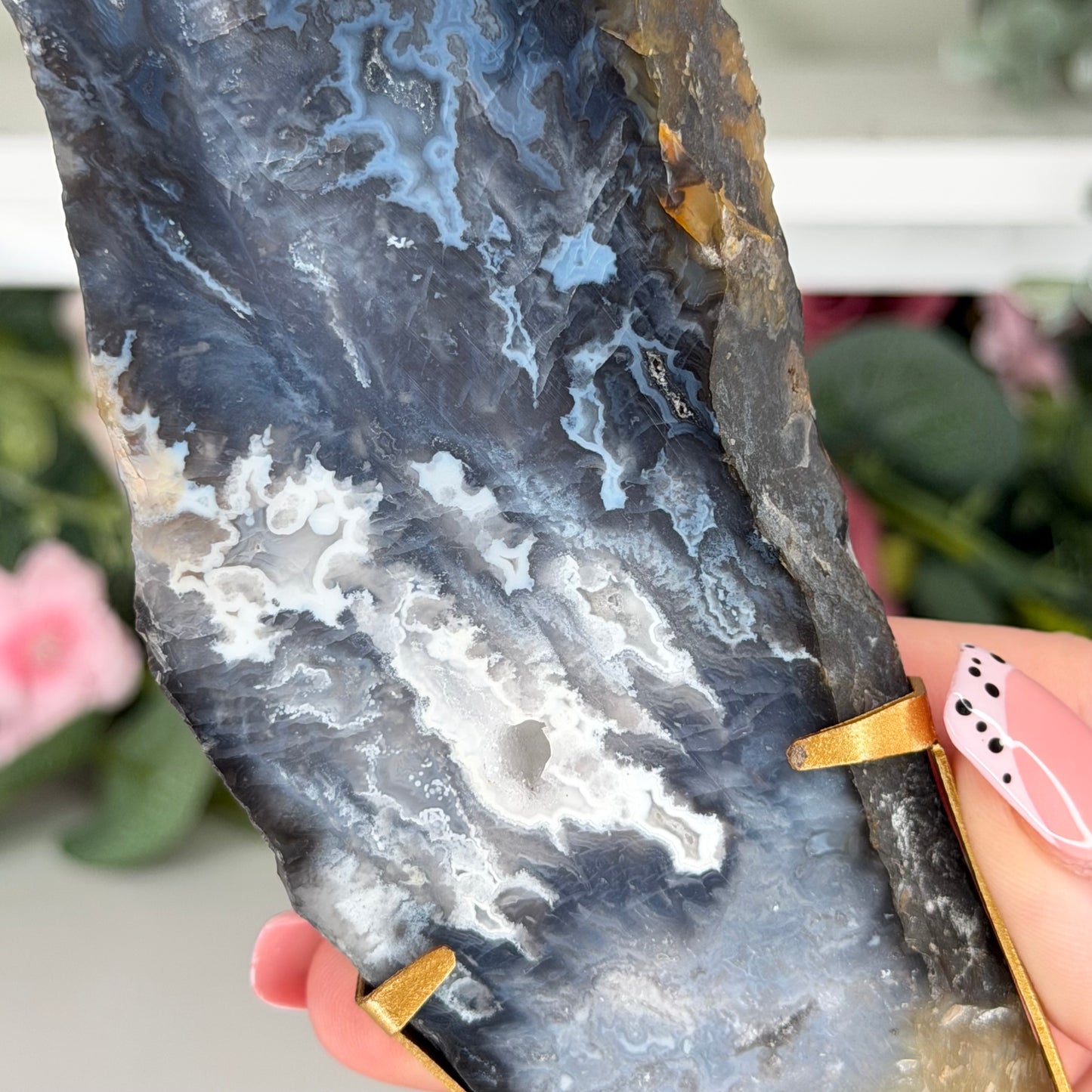 Blue Plume Agate Slab On Stand A