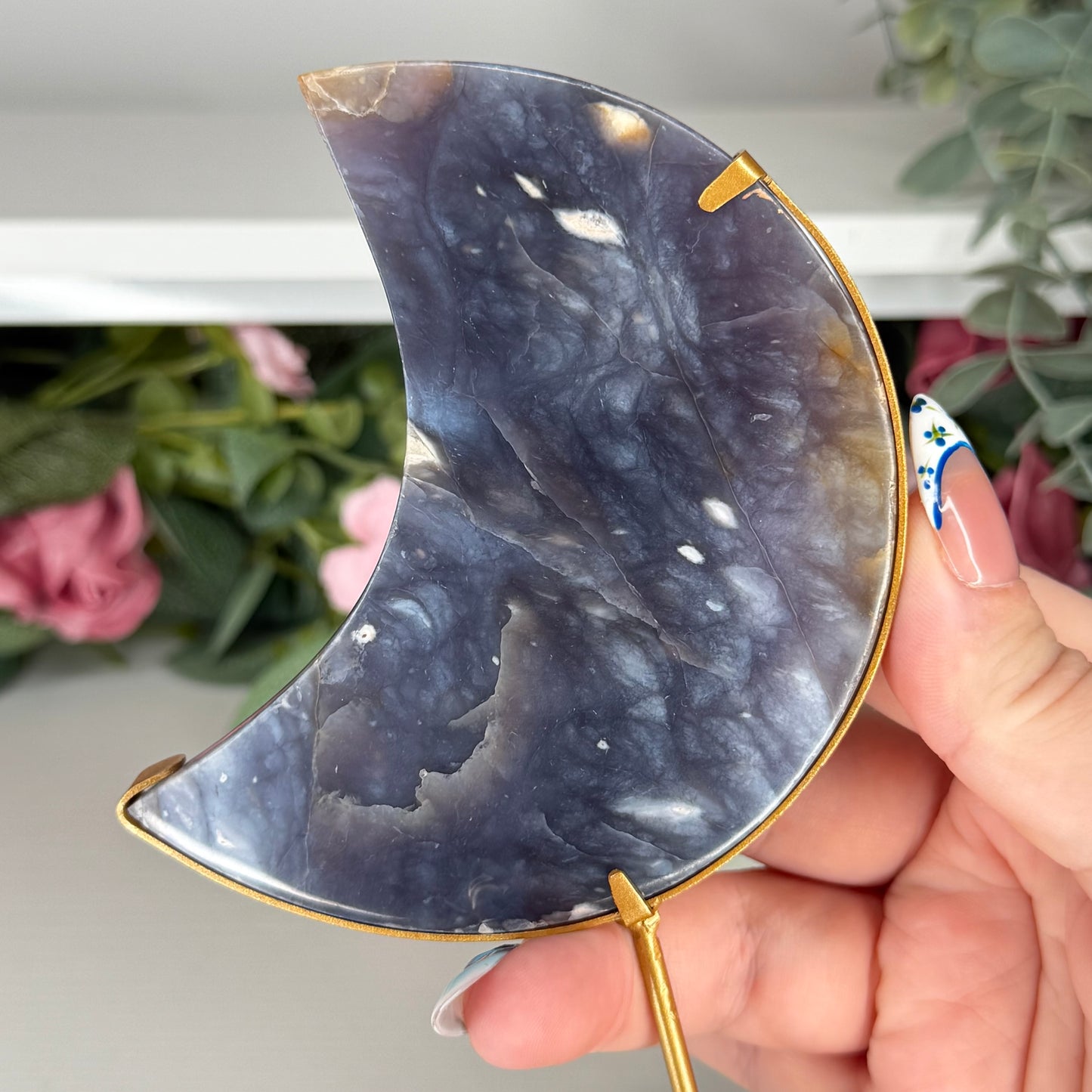 Purple Chalcedony Moon On Custom Stand