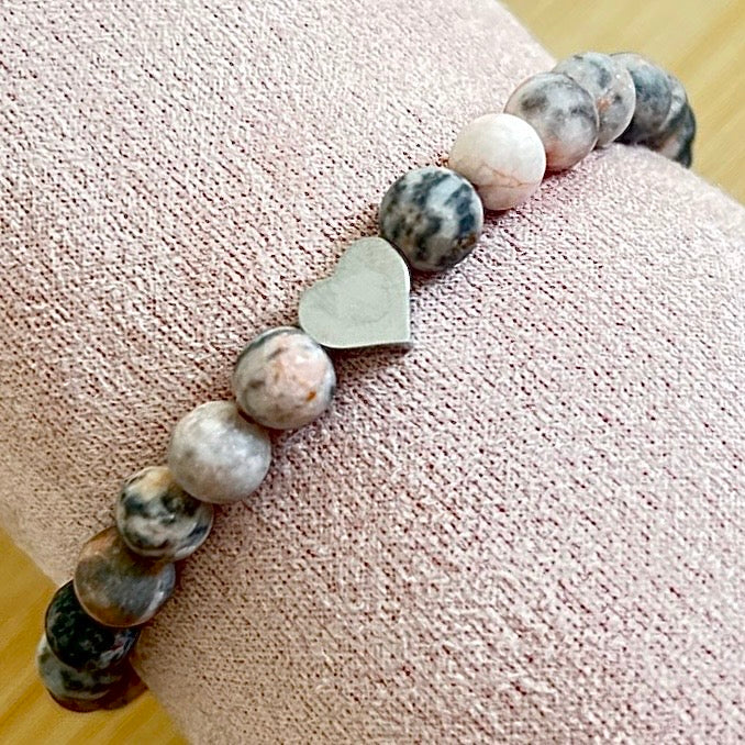 Frosted Pink Zebra Jasper Bracelet with Heart Charm (6mm)
