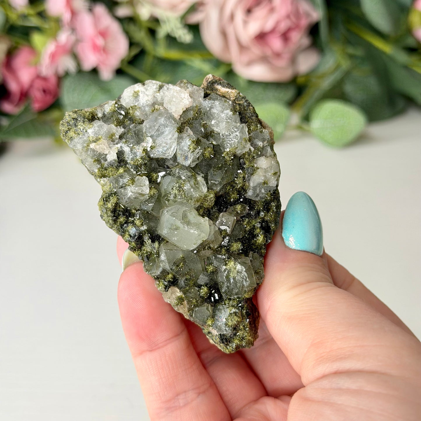 Medium Epidote With Quartz Clusters