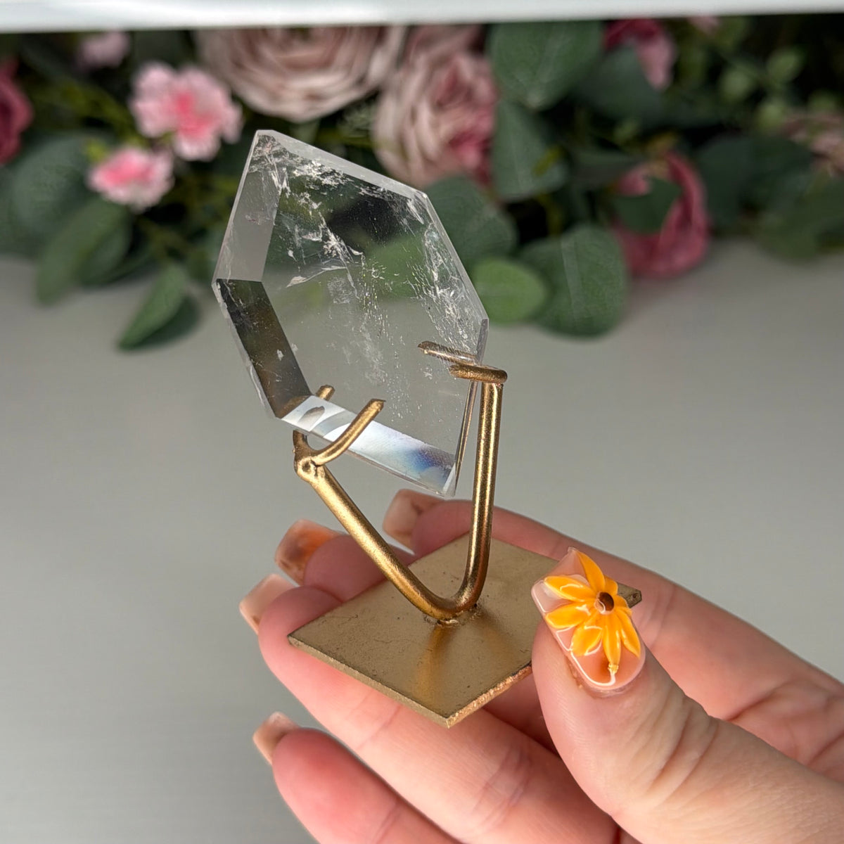Clear Quartz Hexagon On Gold Stand A