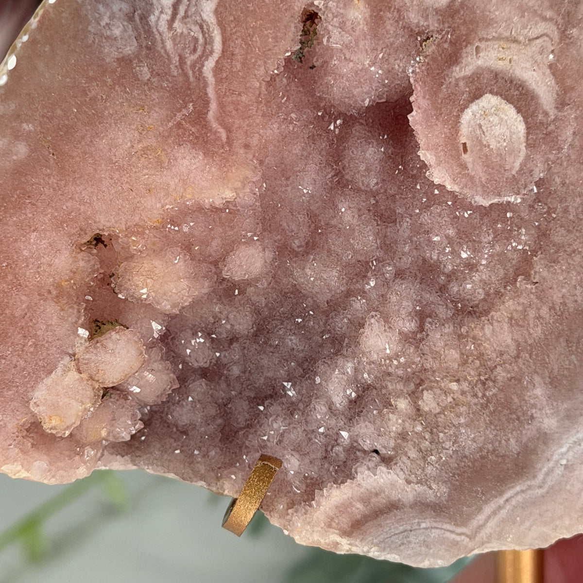 Pink Amethyst With Flower Agate On Gold Stand