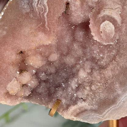 Pink Amethyst With Flower Agate On Gold Stand