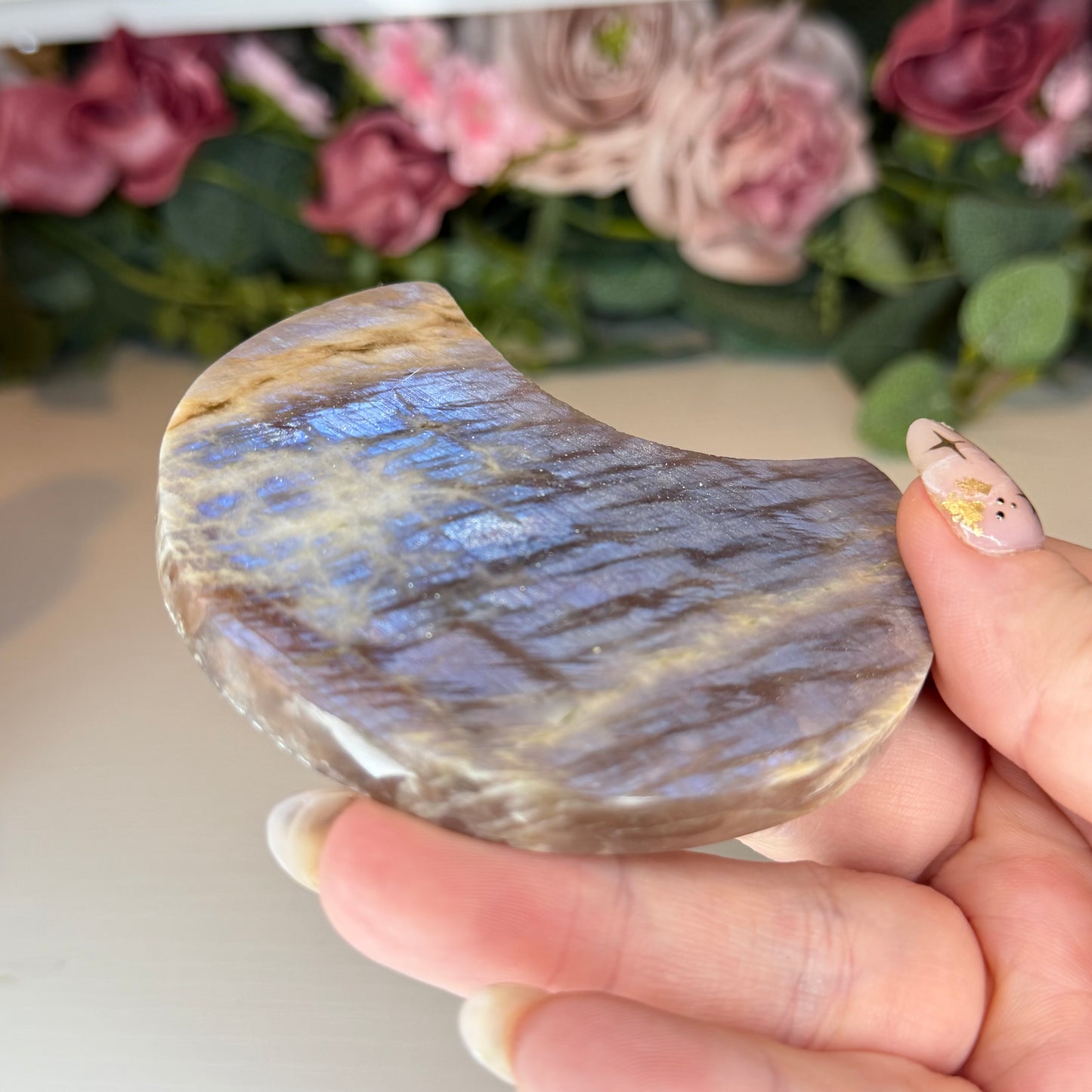 Moonstone with Sunstone Moon on Gold Custom Stand