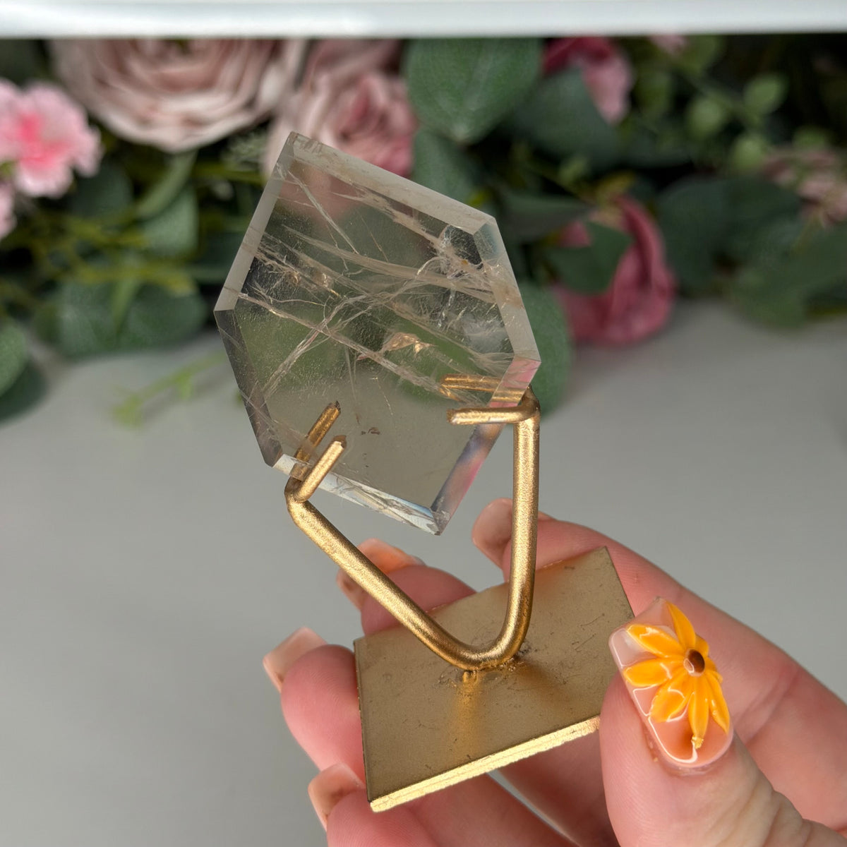 Smokey Quartz Hexagon On Gold Stand D