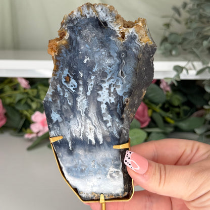 Blue Plume Agate Slab On Stand B