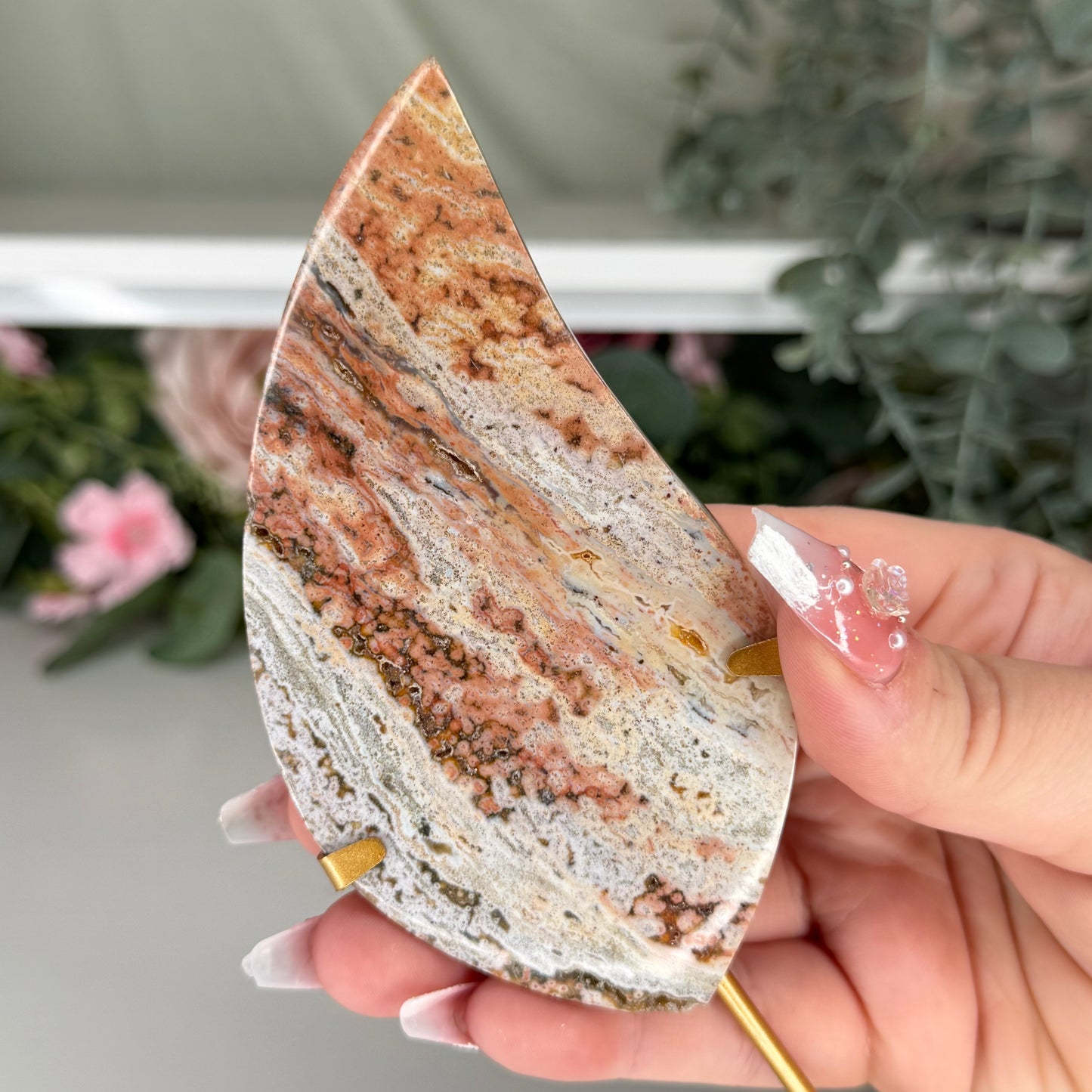 Pink Ocean Jasper Teardrop On Custom Stand
