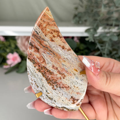 Pink Ocean Jasper Teardrop On Custom Stand