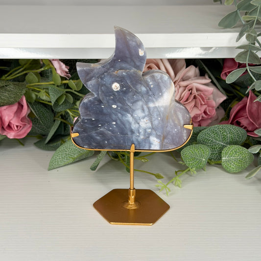 Purple Chalcedony Cloud With Moon On Custom Stand