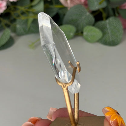 Clear Quartz Hexagon On Gold Stand B