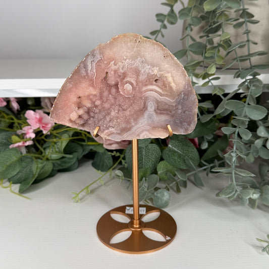 Pink Amethyst With Flower Agate On Gold Stand