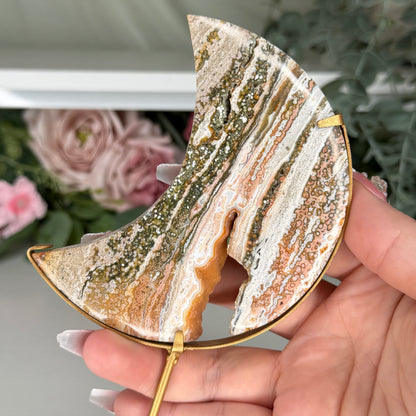 Pink Ocean Jasper Moon On Custom Stand