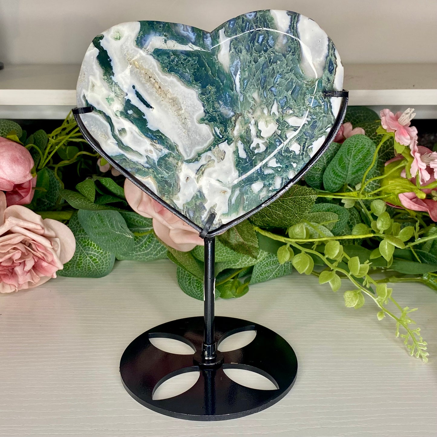 Moss Agate Heart on a Custom Stand