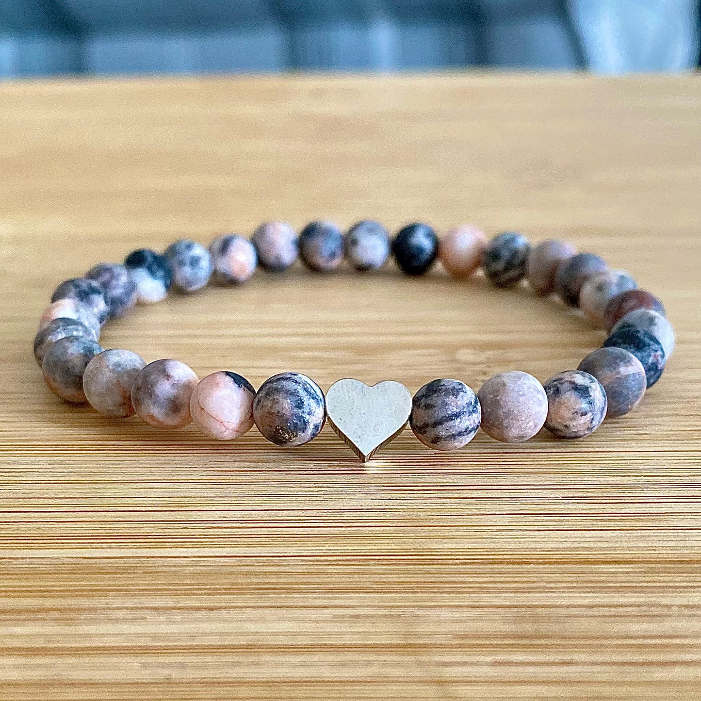 Frosted Pink Zebra Jasper Bracelet with Heart Charm (6mm)