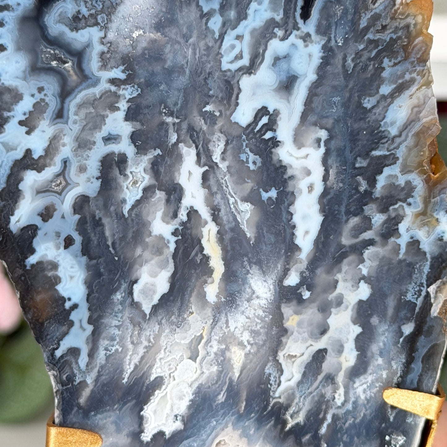 Blue Plume Agate Slab On Stand B