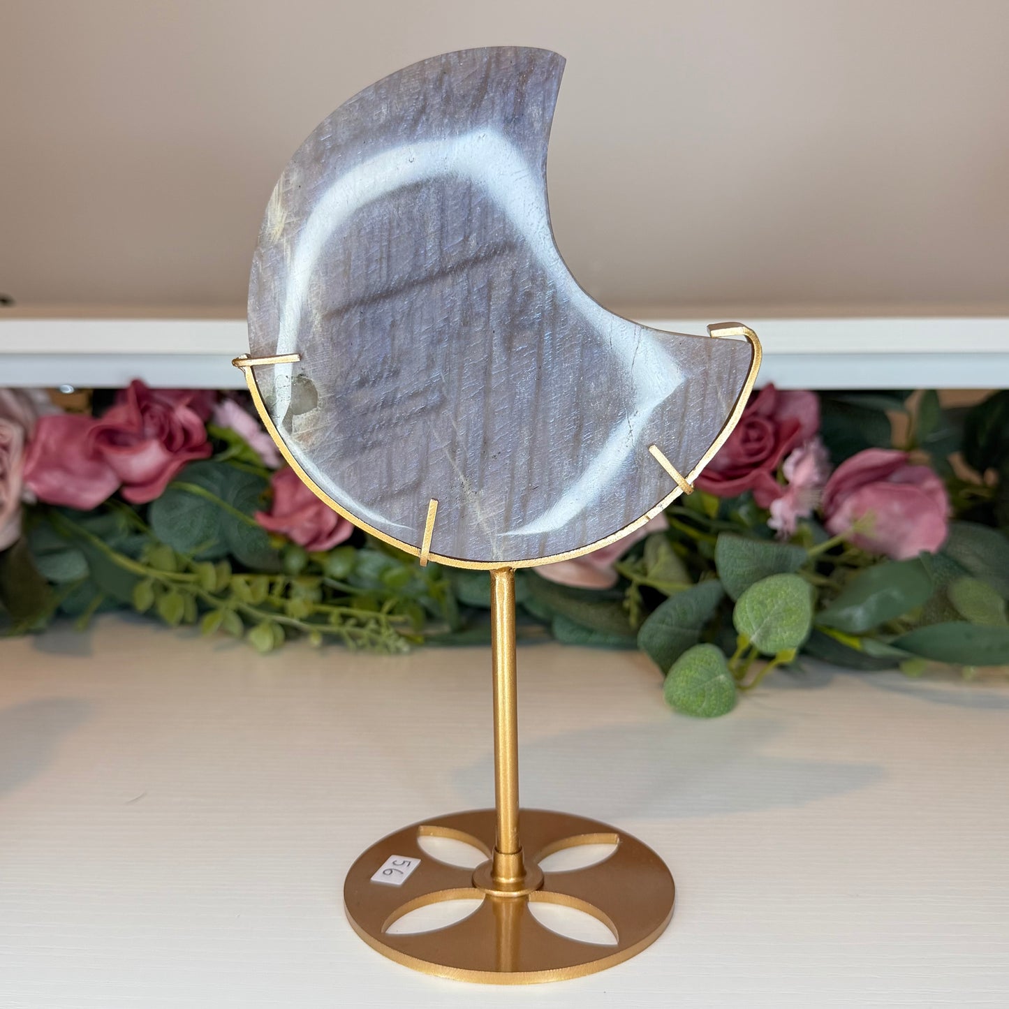 Moonstone with Sunstone Moon on Gold Custom Stand