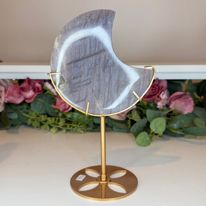 Moonstone with Sunstone Moon on Gold Custom Stand