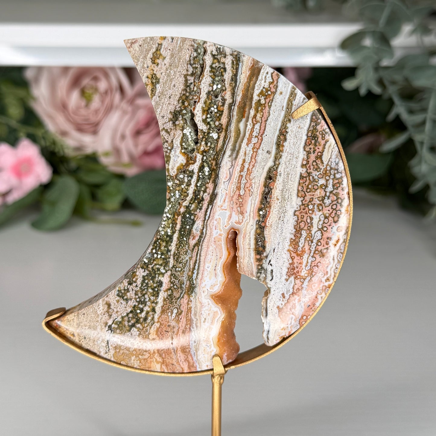 Pink Ocean Jasper Moon On Custom Stand