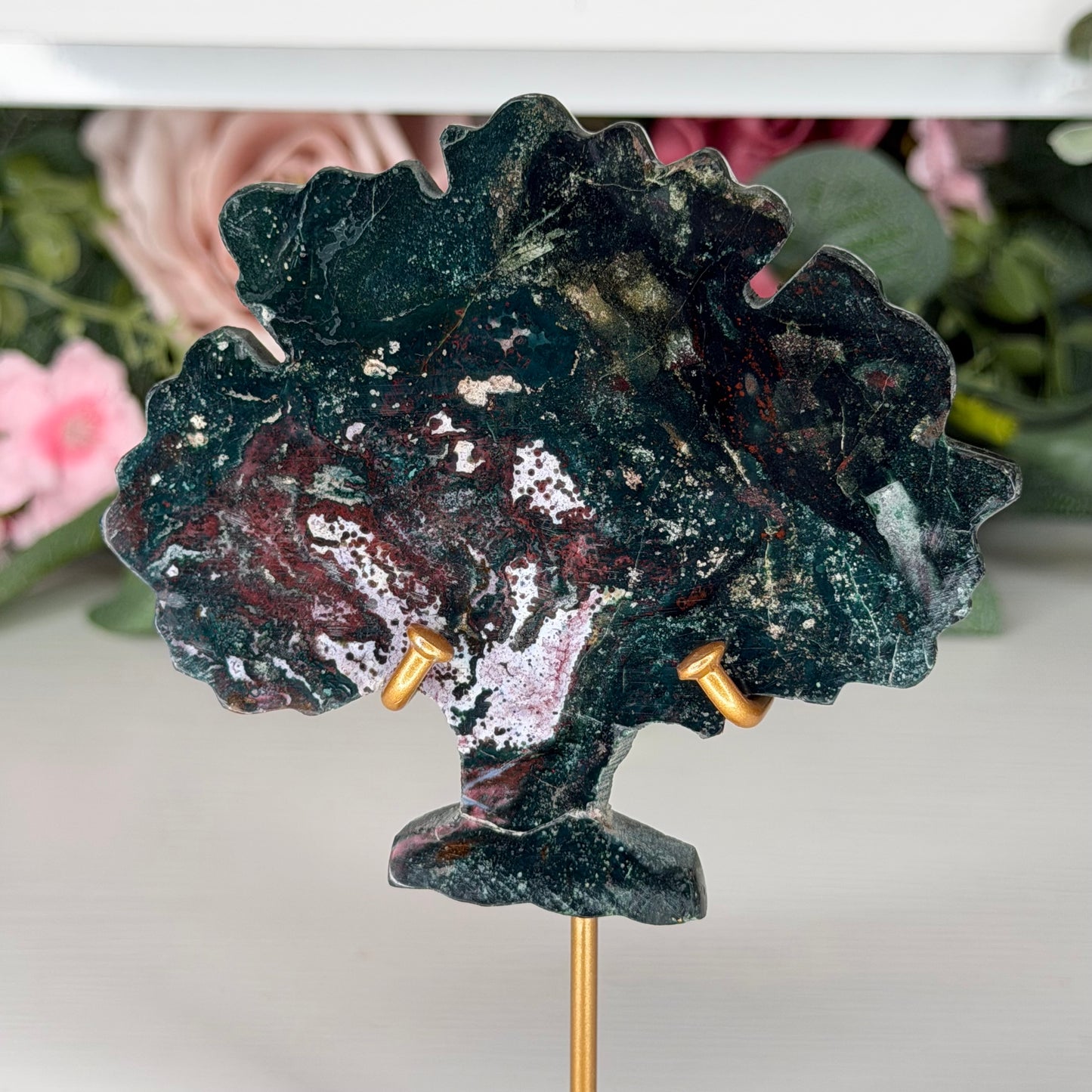 Green Jasper Tree Carving On Stand
