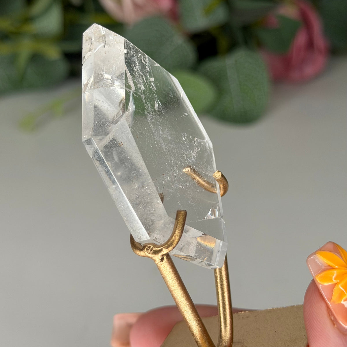 Clear Quartz Hexagon On Gold Stand E