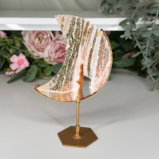 Pink Ocean Jasper Moon On Custom Stand