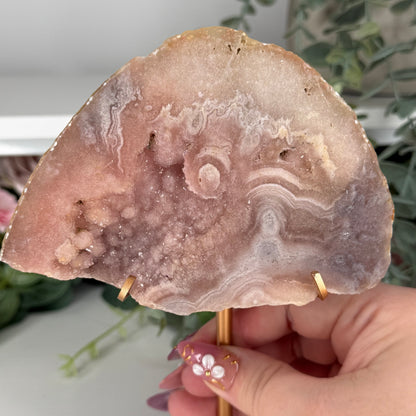 Pink Amethyst With Flower Agate On Gold Stand