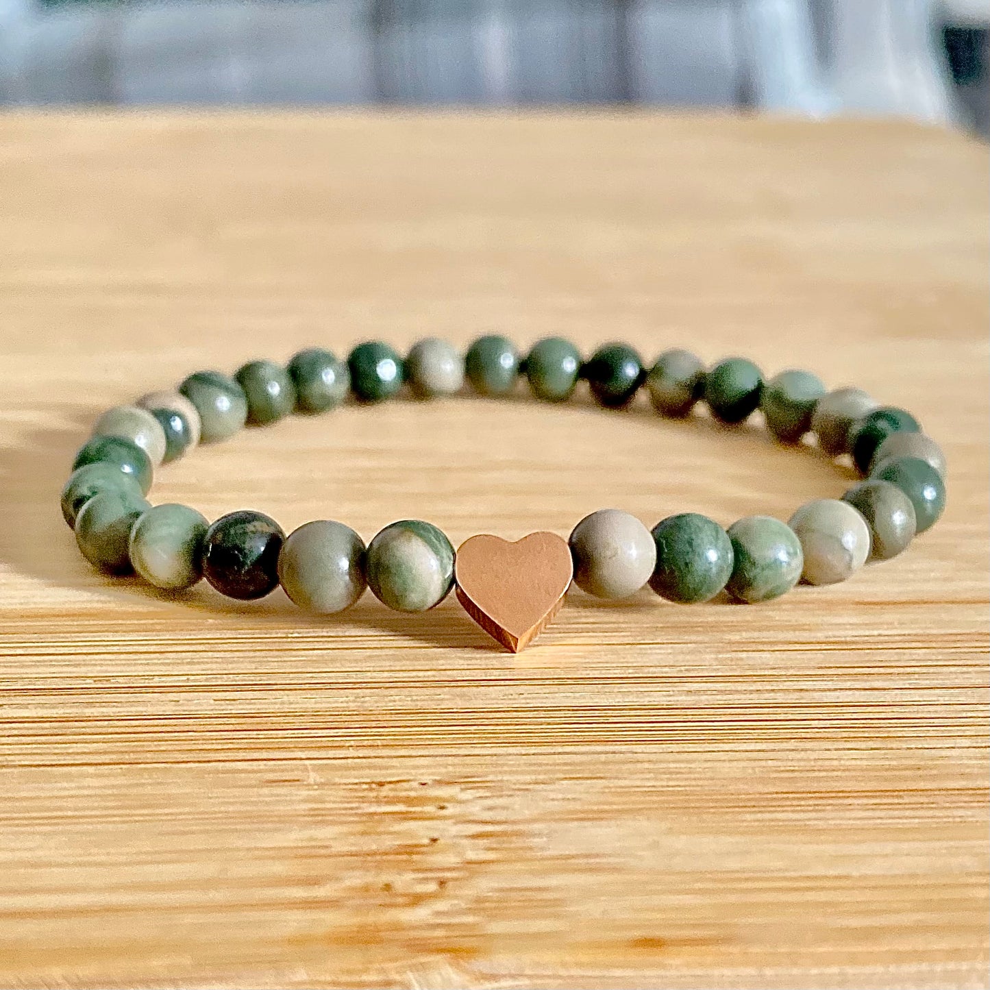 Green Line Jasper Bracelets with Heart Charm (6mm)