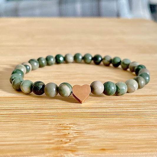 Green Line Jasper Bracelets with Heart Charm (6mm)