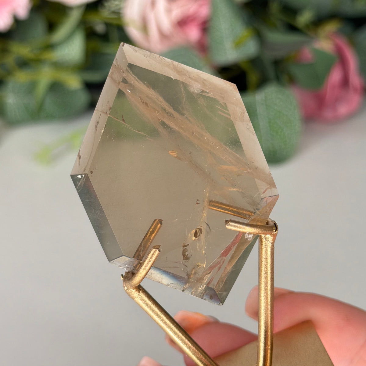 Smokey Quartz Hexagon On Gold Stand C