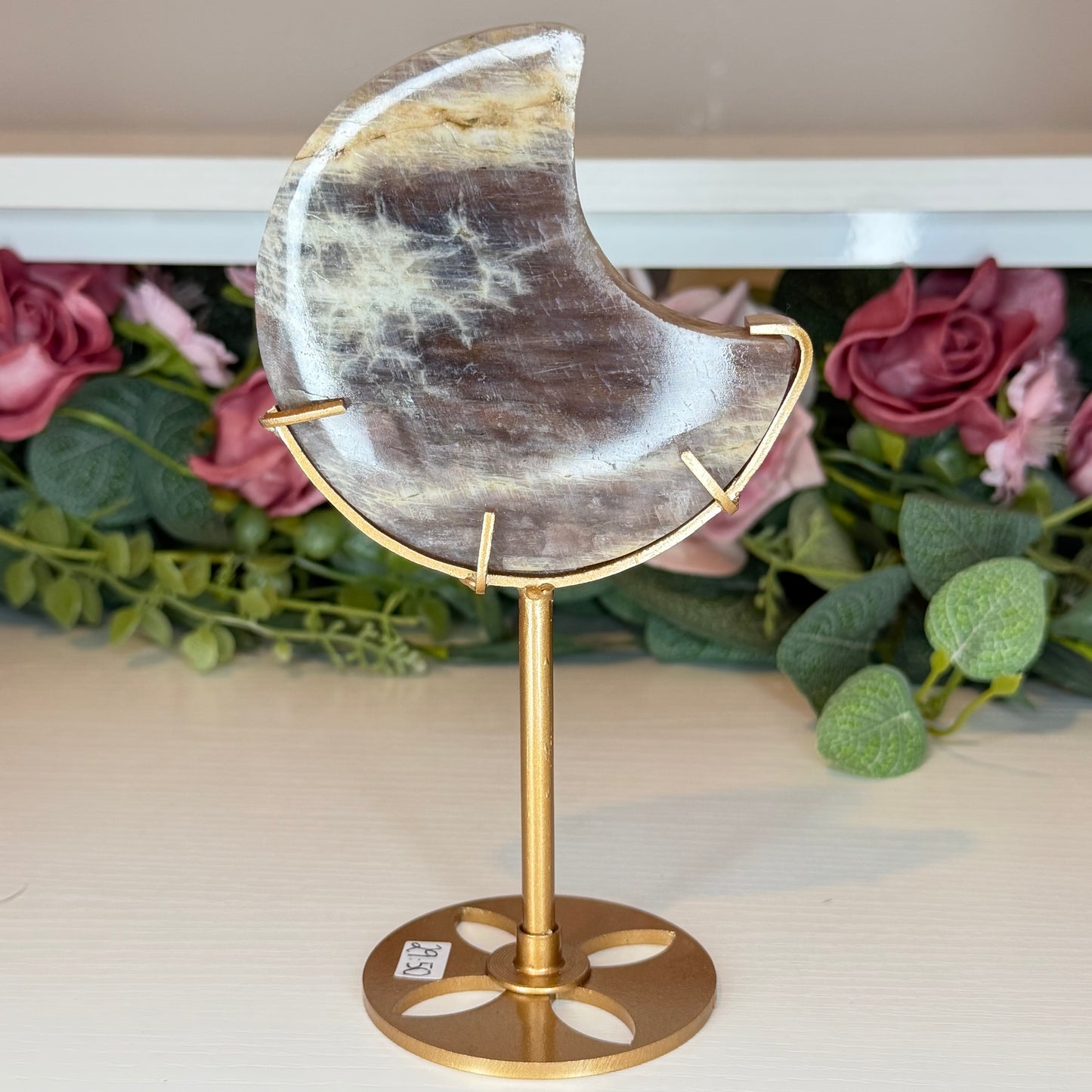 Moonstone with Sunstone Moon on Gold Custom Stand
