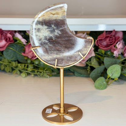 Moonstone with Sunstone Moon on Gold Custom Stand