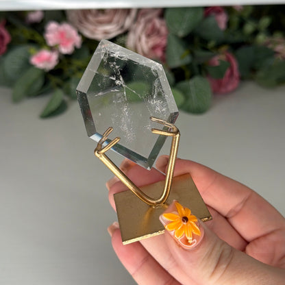 Clear Quartz Hexagon On Gold Stand A
