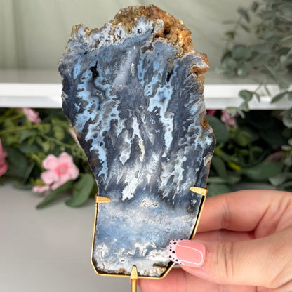 Blue Plume Agate Slab On Stand B