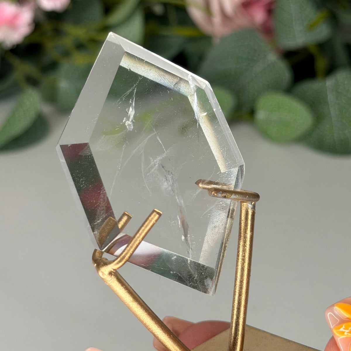 Clear Quartz Hexagon On Gold Stand D