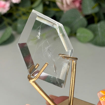 Clear Quartz Hexagon On Gold Stand D