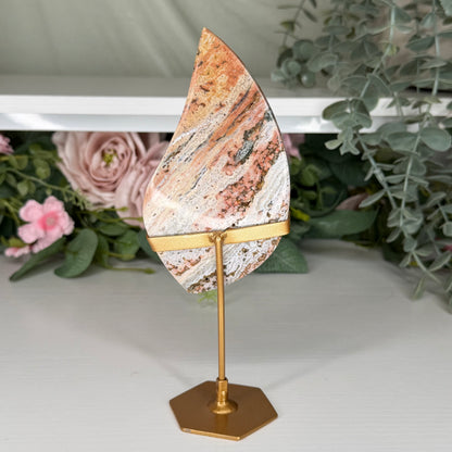 Pink Ocean Jasper Teardrop On Custom Stand