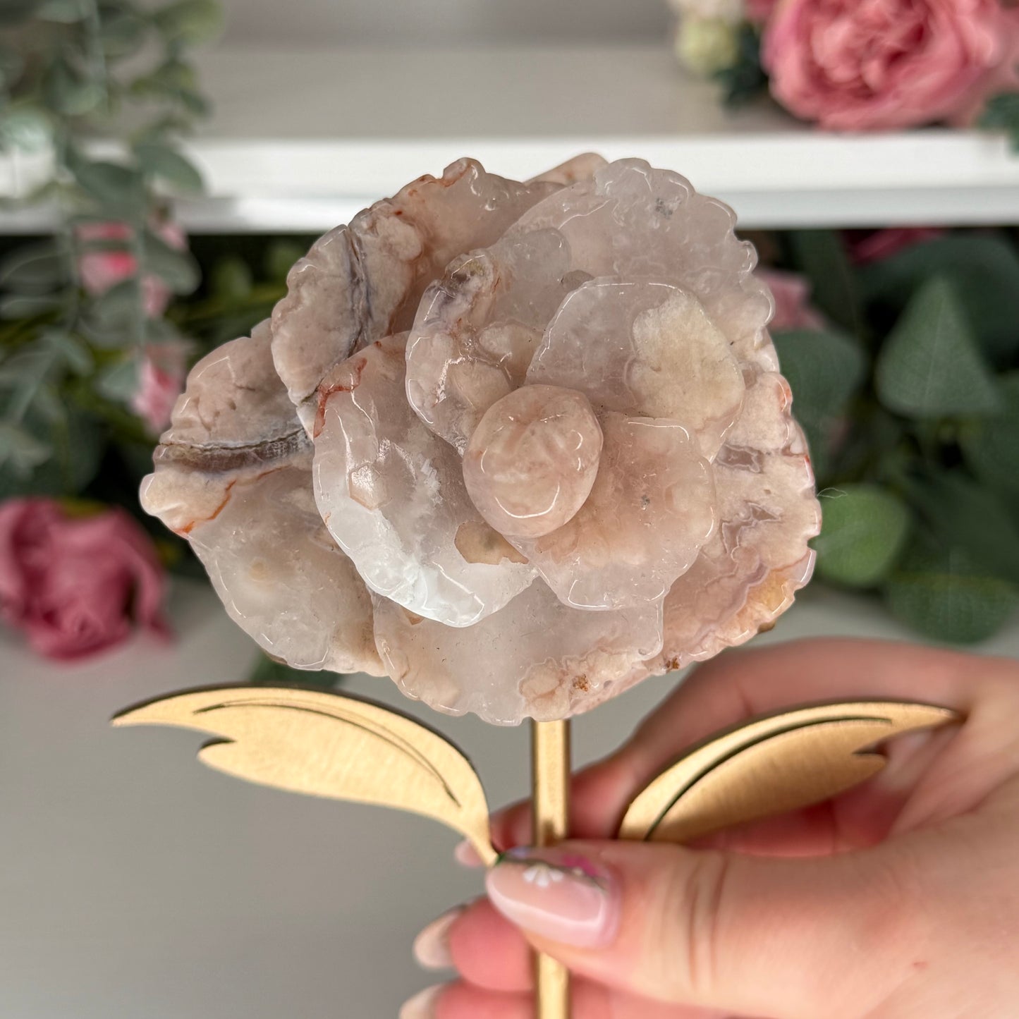 Flower Agate Rose On A Custom Stand