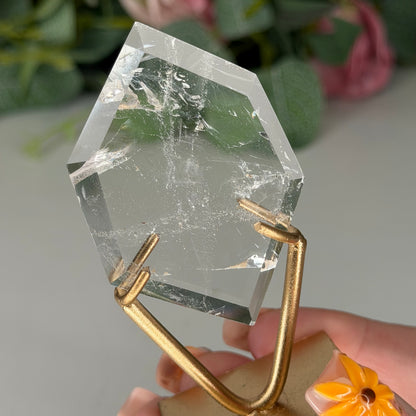 Clear Quartz Hexagon On Gold Stand E